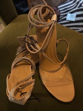 NWT Zara Nude Crystal-Strap Lace-Up Heeled Sandals size 8/39